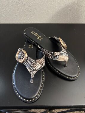 Snake-Print Thong Sandals with Gold Buckle